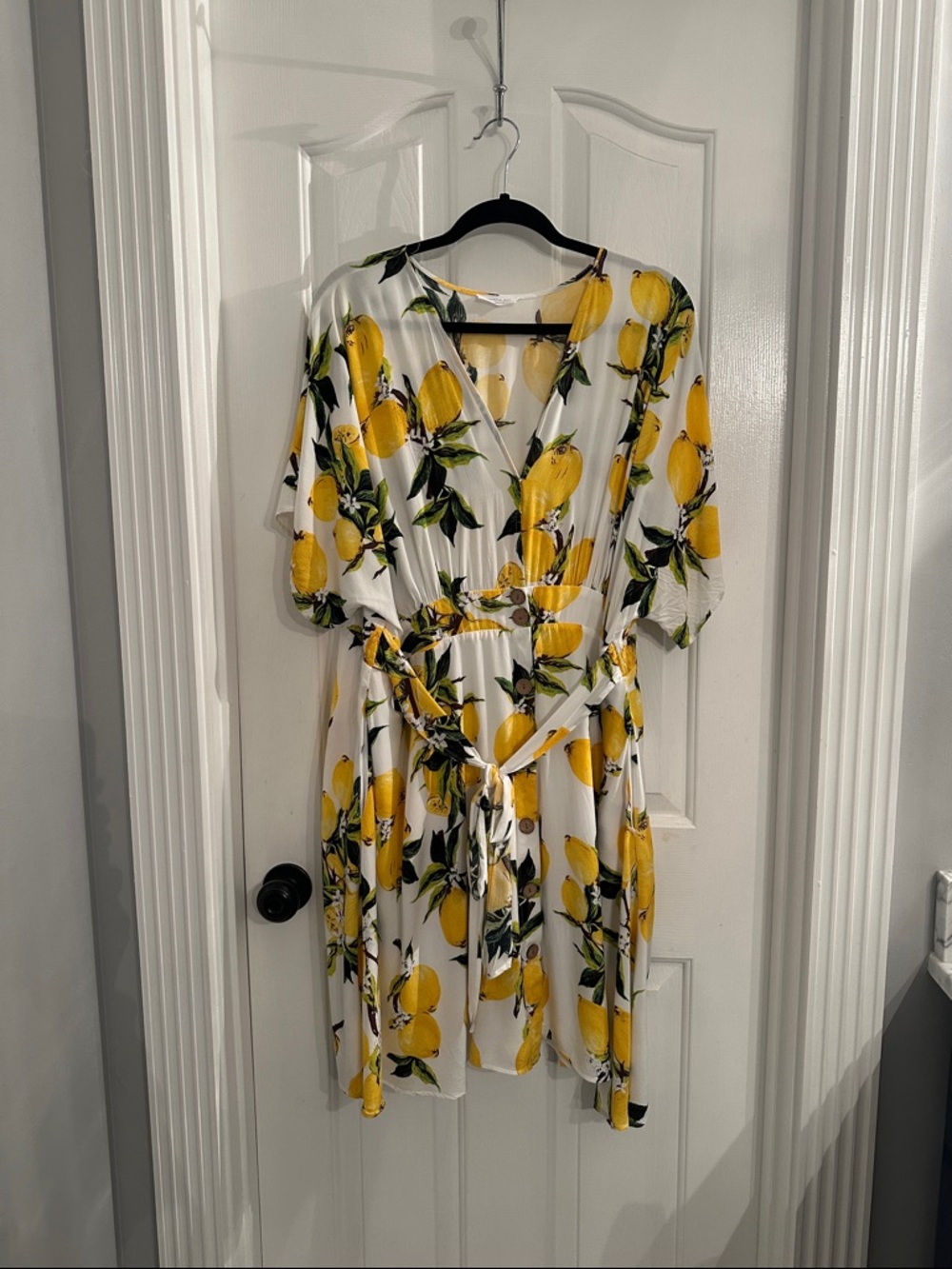 Yellow Lemon Print Midi Dress with Tie Waist